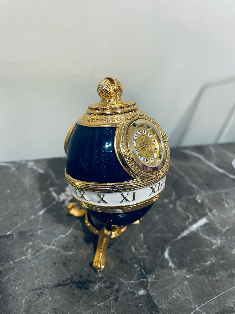 Vintage Joan Rivers Deep Blue / Gold-toned Enamel Imperial Egg Clock - Working!